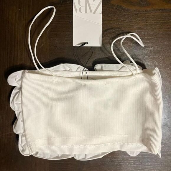 NWT Zara White Ribbed Crop Top With Raised Ruffles Thin Straps Size S - Picture 6 of 7